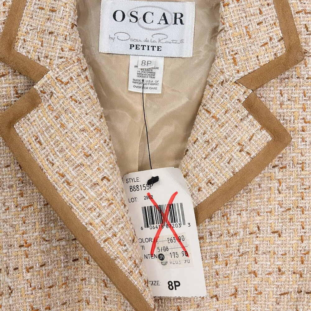 Vintage Oscar de la Renta Petite Tweed Blazer 8P NWT Beige Camel Trim Jacket - Picture 2 of 3
